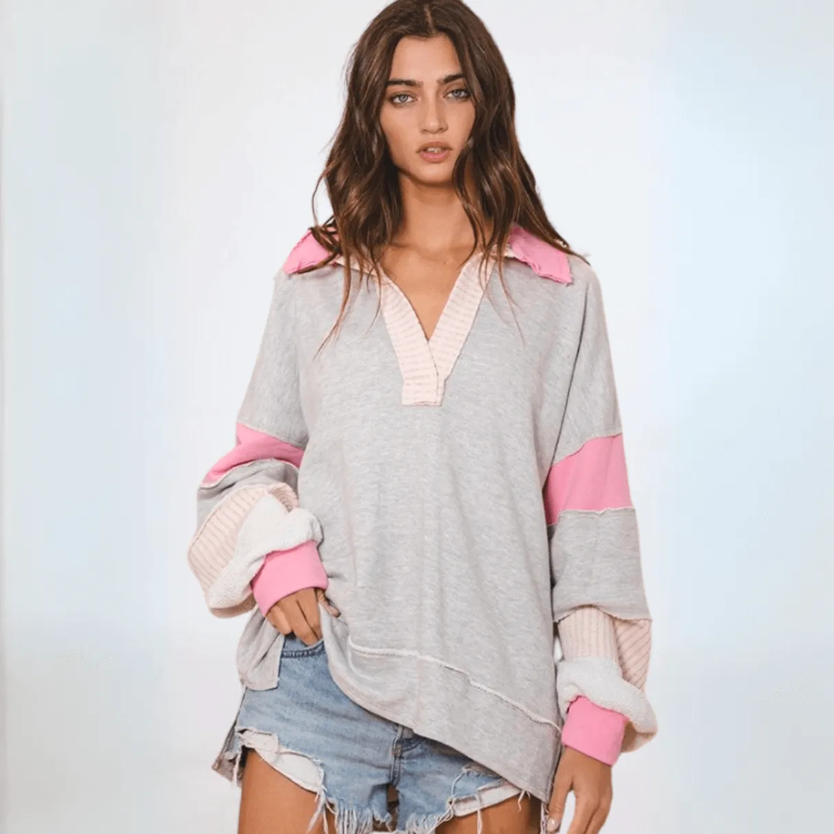 Bucket List Favorite Oversized Sweatshirt in Grey/Pink Made in USA