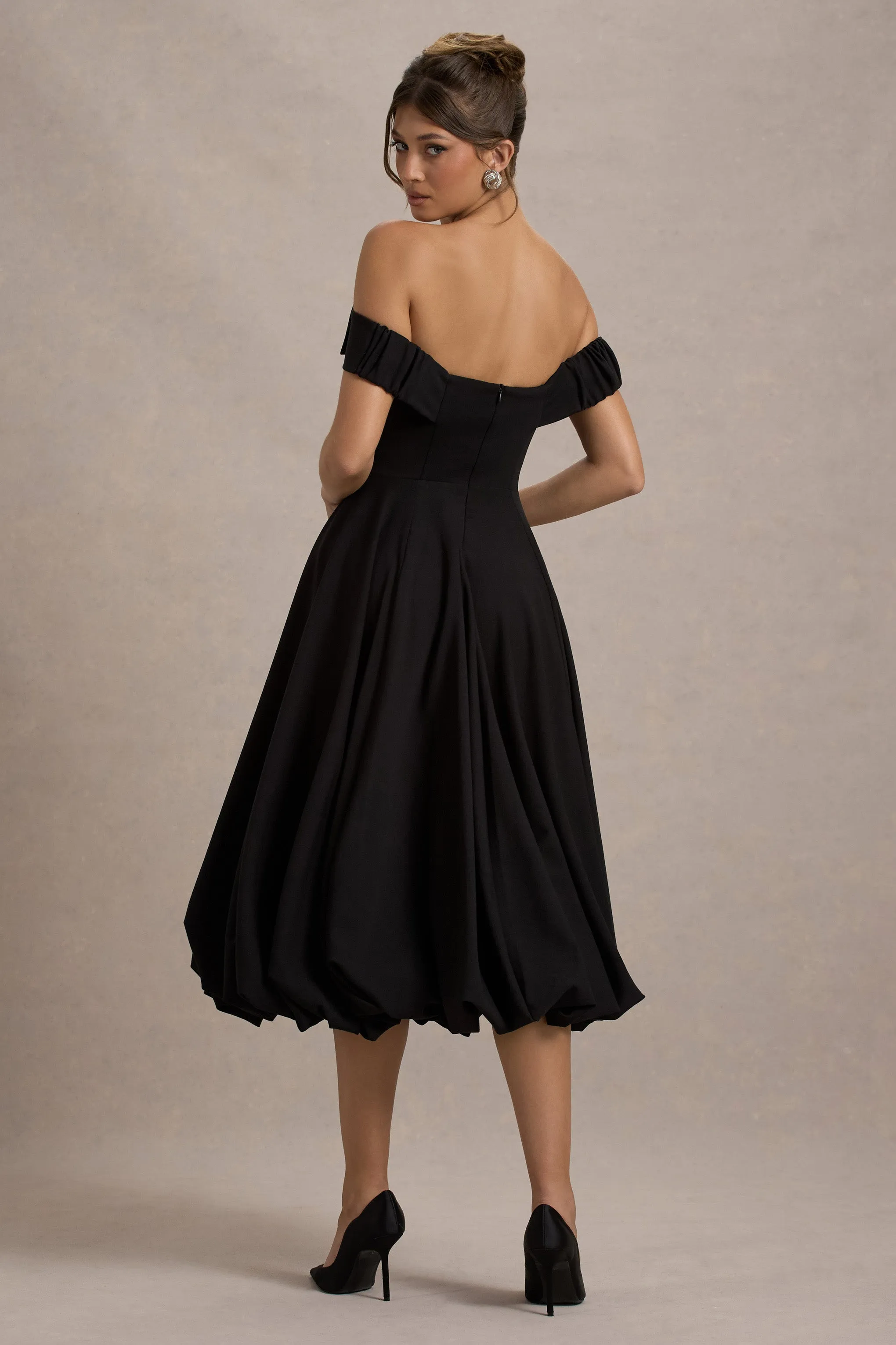 Calliopia | Black Bow Bardot Midi Dress With Puff-Ball Skirt