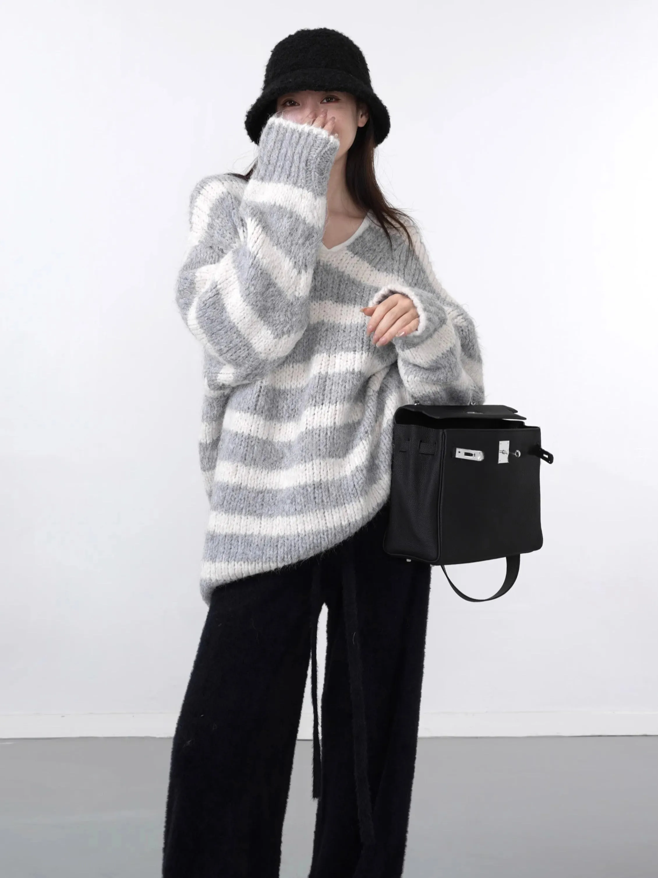 Casual Oversized Striped Pullovers Women Knitted Basic Autumn Winter Loose-Fitting Thick Jumpers Sweaters Female Clothing C-289