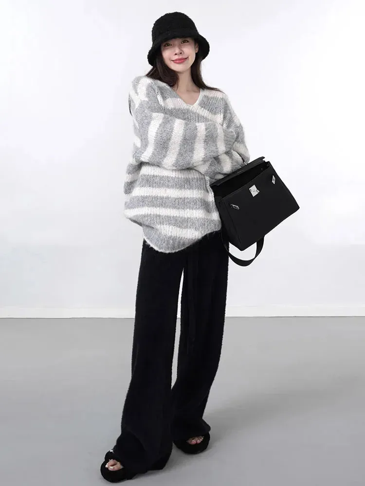 Casual Oversized Striped Pullovers Women Knitted Basic Autumn Winter Loose-Fitting Thick Jumpers Sweaters Female Clothing C-289