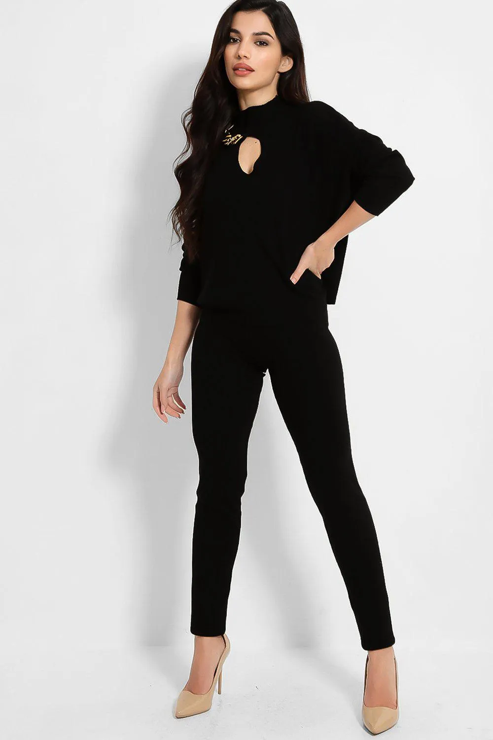 CHAIN CUT OUT JUMPER & LEGGINGS KNIT BLACK LOUNGE SET