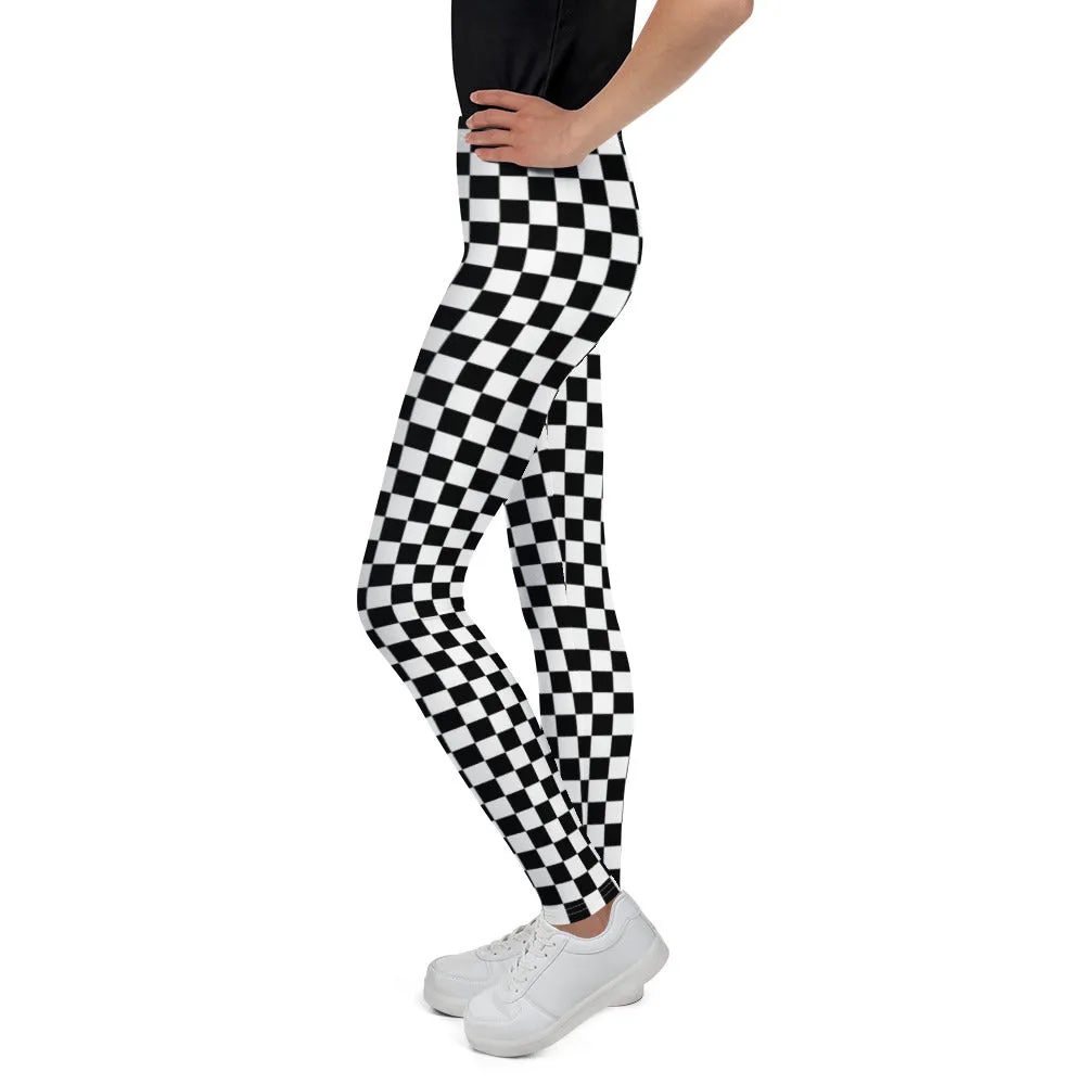 Checkered Kids Girls Leggings (8-20), Black and White Check Tweens Teens Toddler Children Cute Printed Yoga Pants Fun Tights Gift