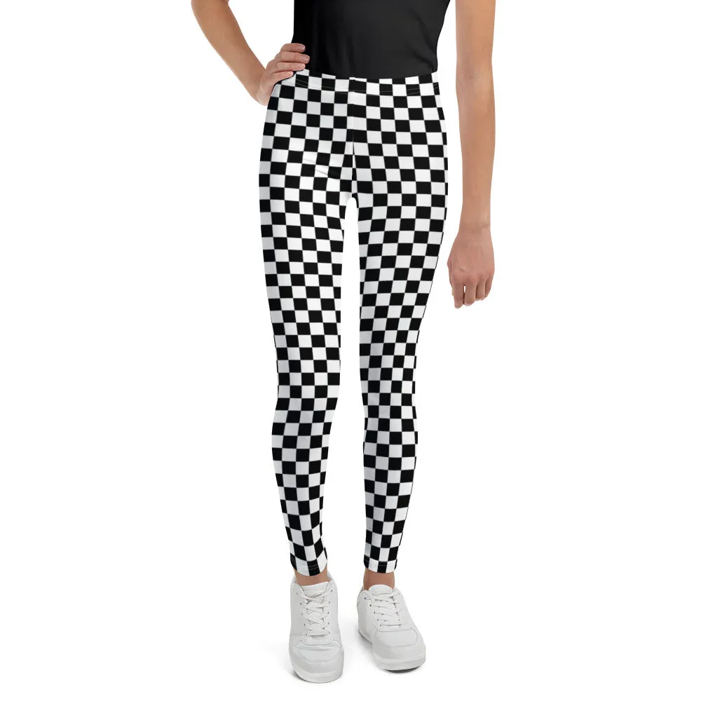 Checkered Kids Girls Leggings (8-20), Black and White Check Tweens Teens Toddler Children Cute Printed Yoga Pants Fun Tights Gift