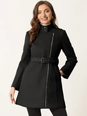 Classic Stand Collar Zip Up Belt Winter Trench Coat