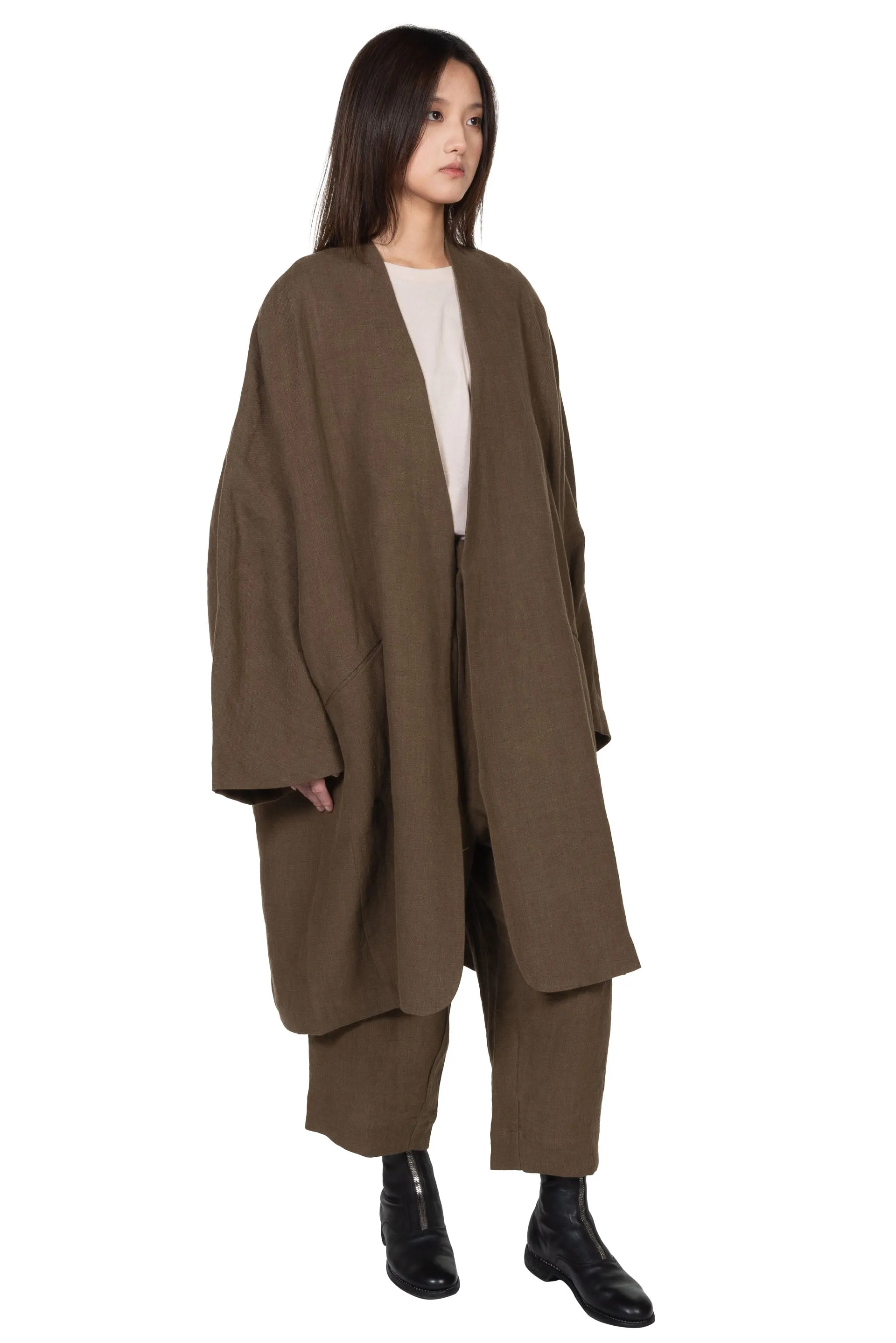 Collarless Linen Long Coat Olive