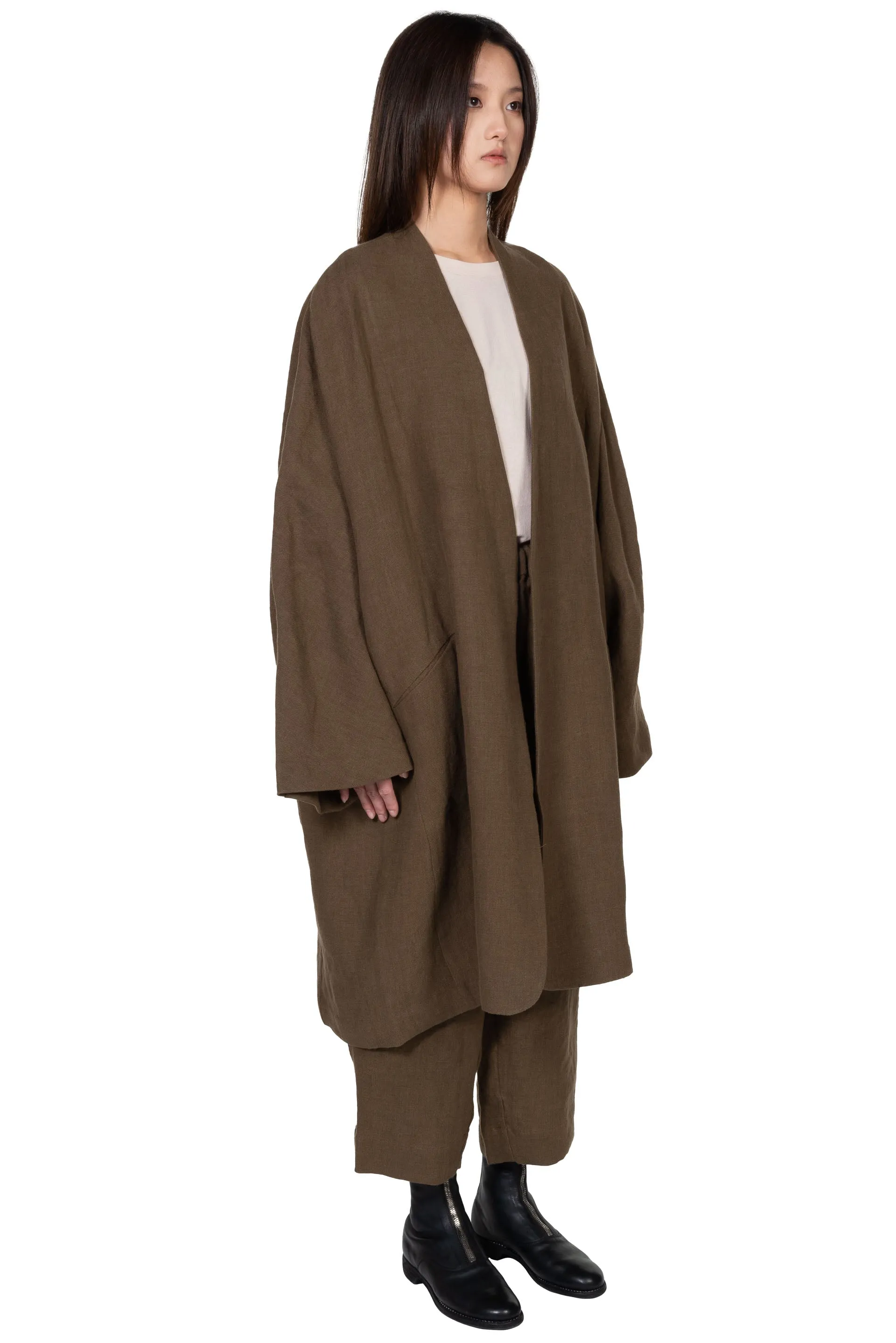 Collarless Linen Long Coat Olive