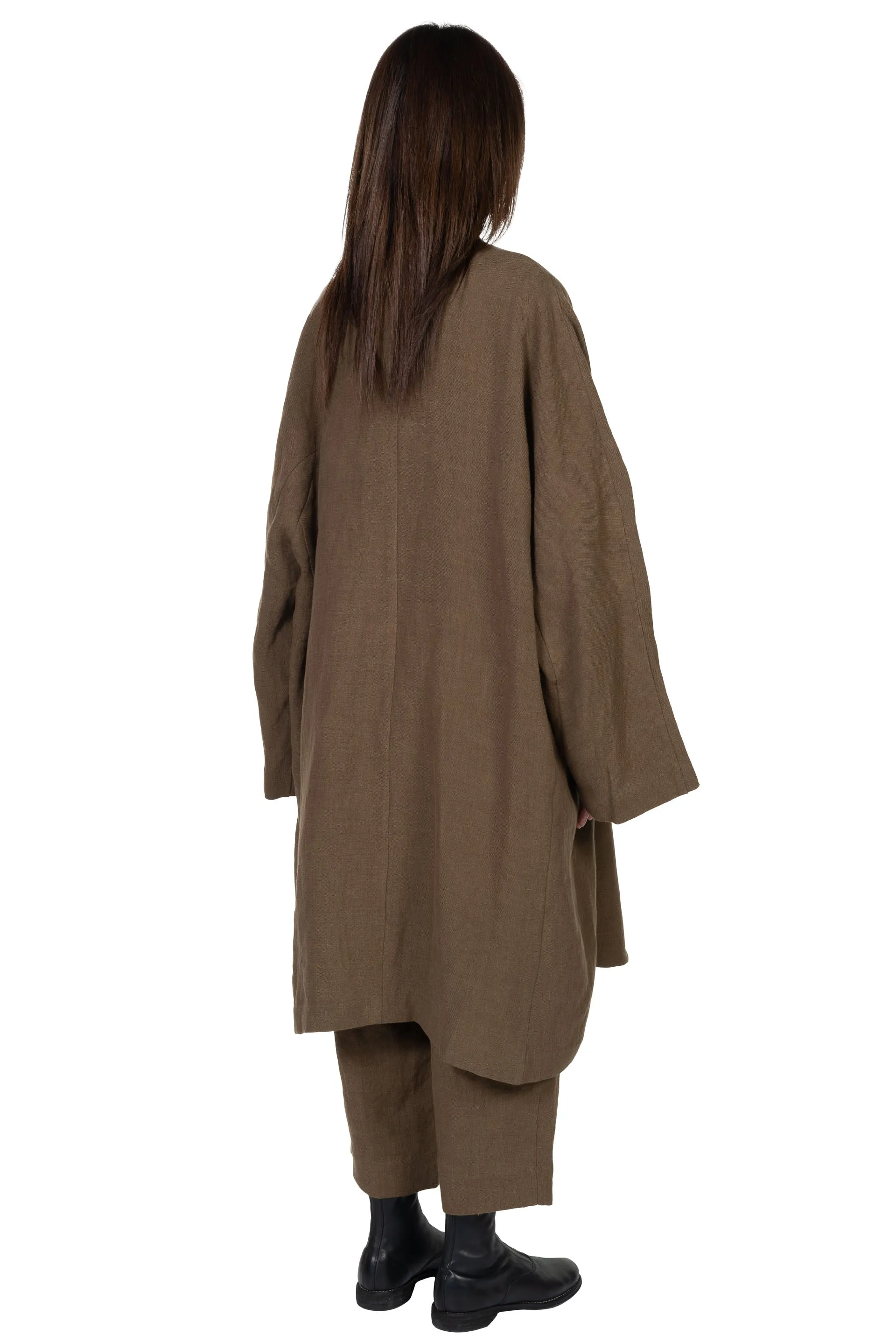 Collarless Linen Long Coat Olive