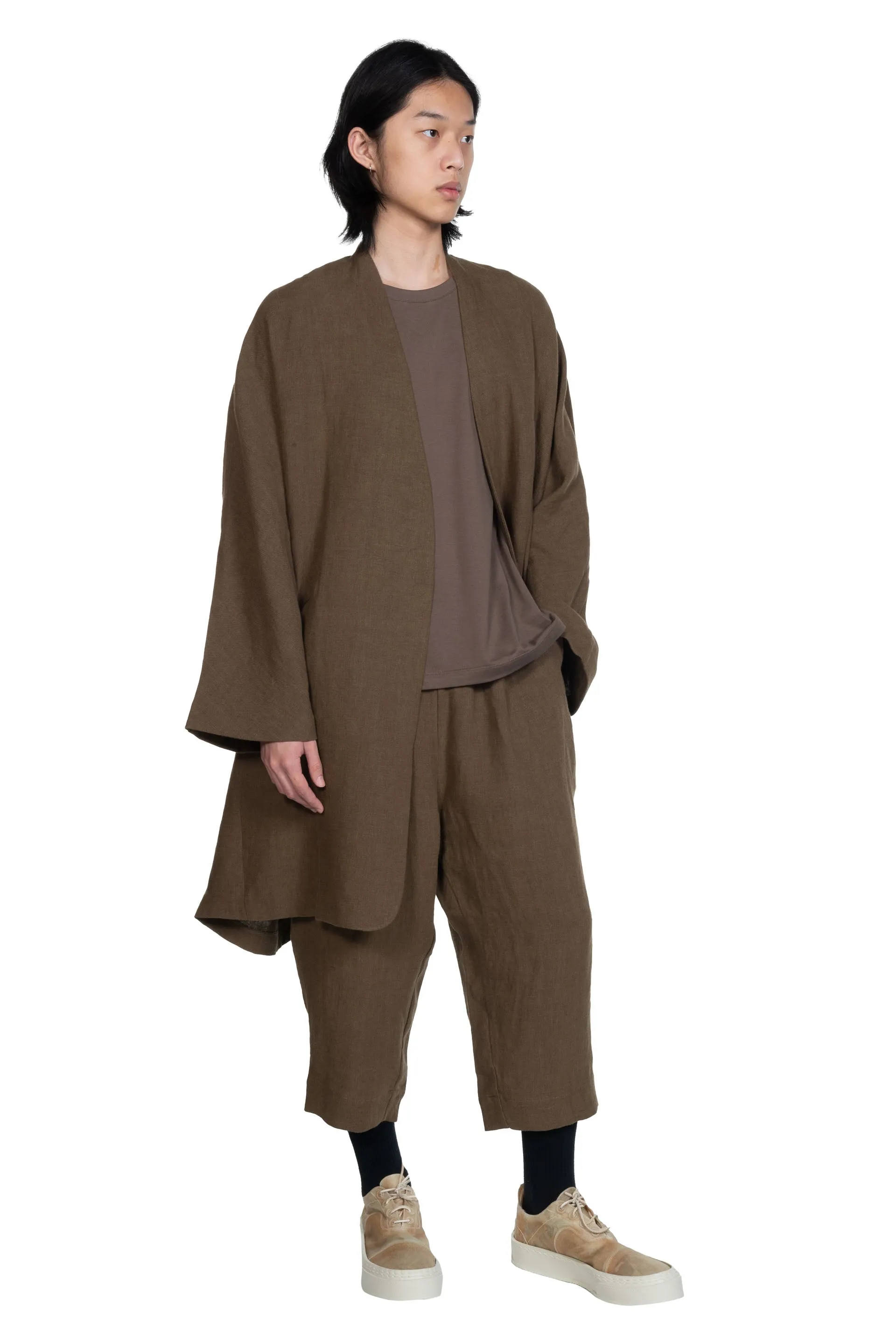 Collarless Long Coat Olive Green