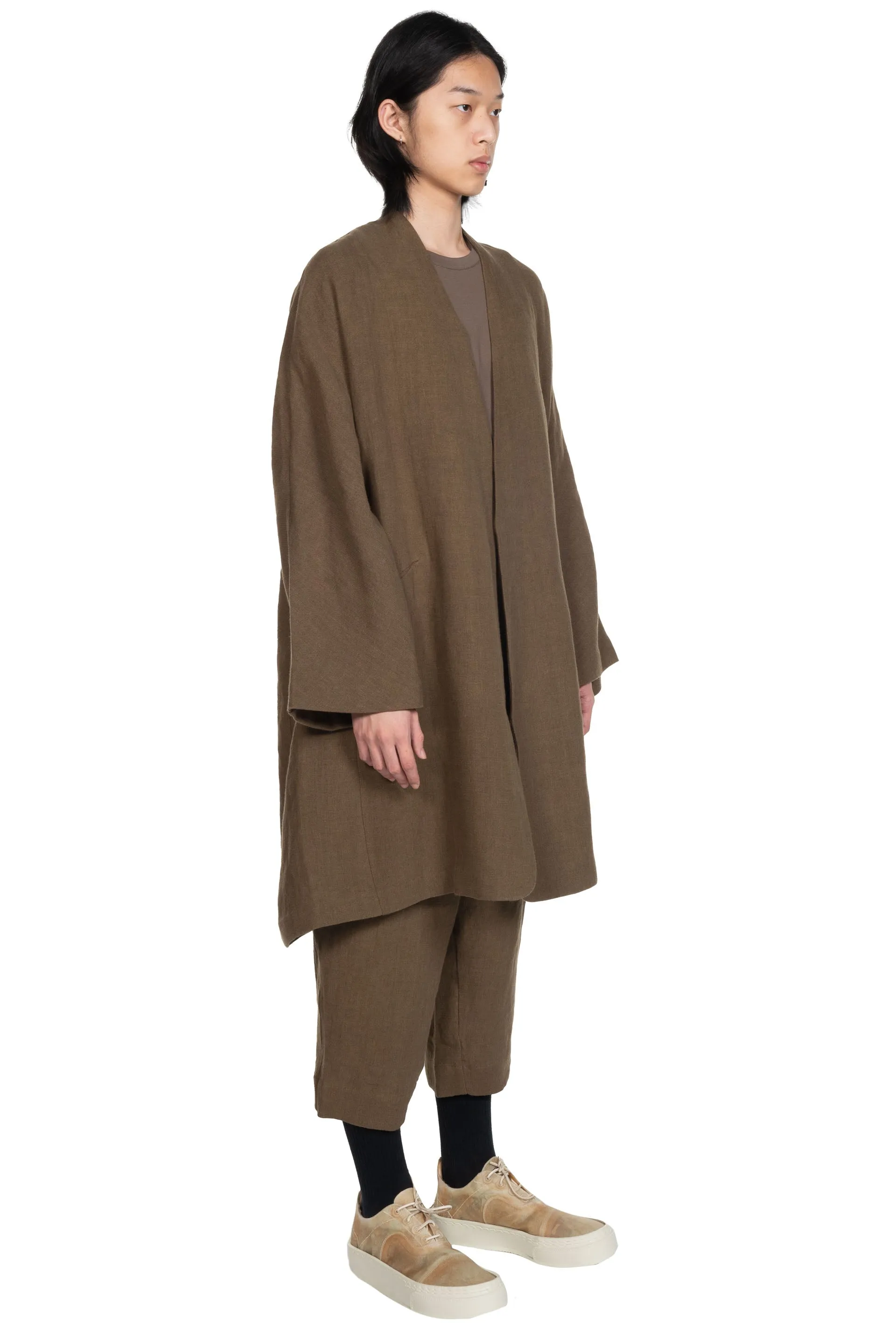 Collarless Long Coat Olive Green