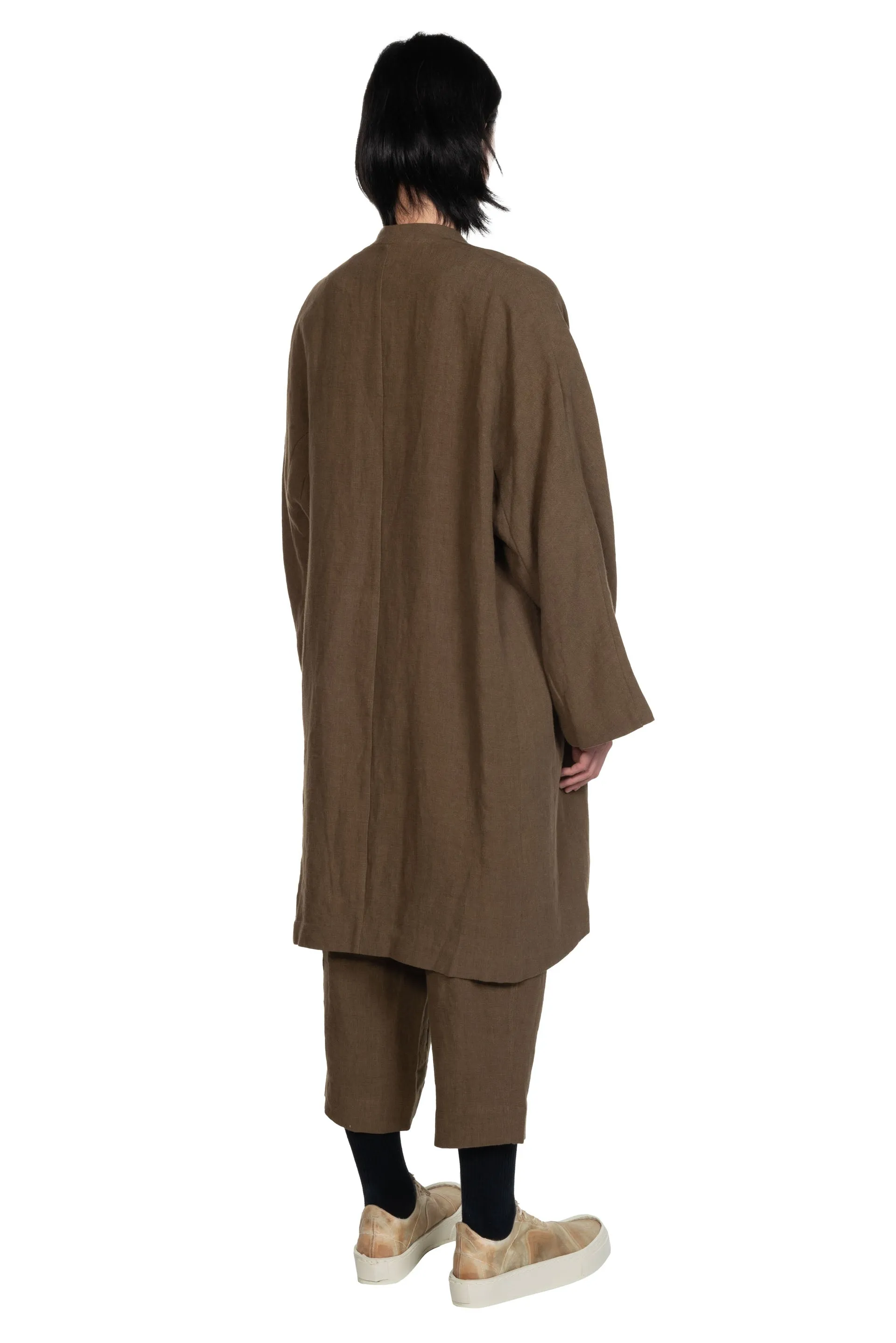 Collarless Long Coat Olive Green