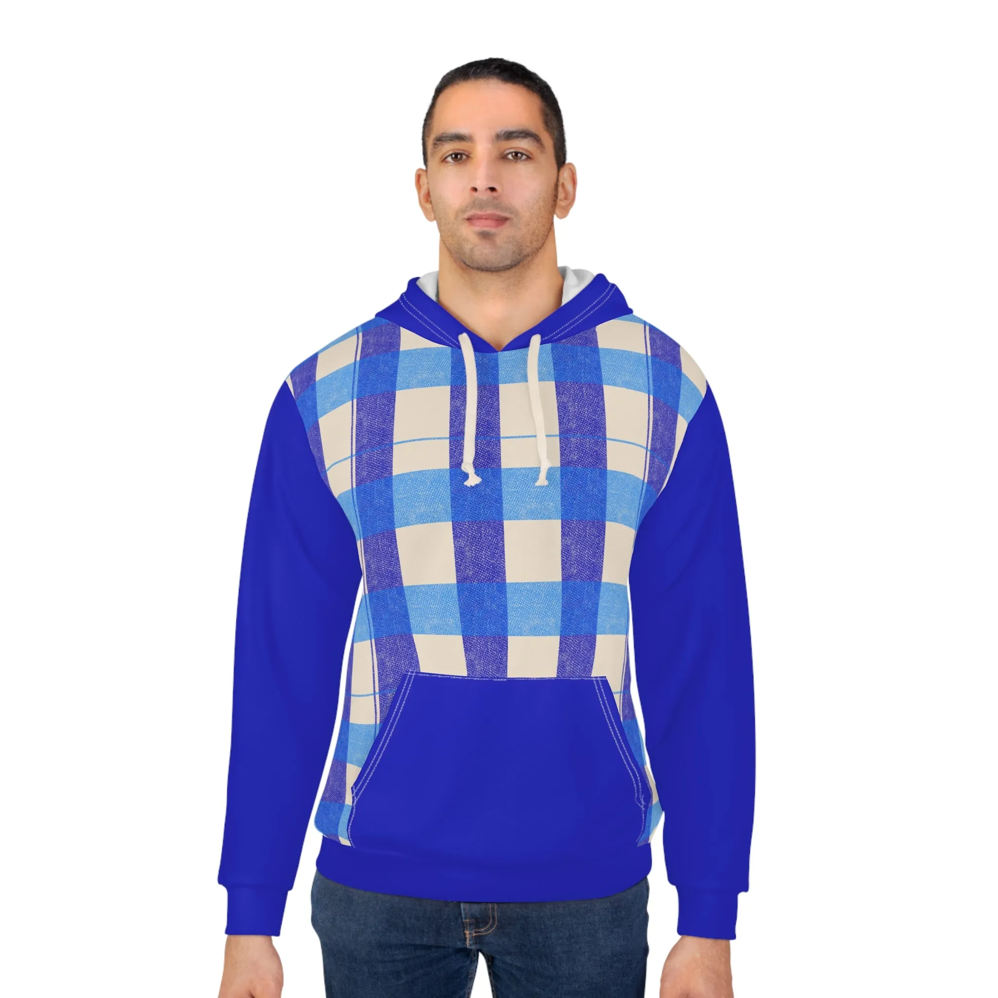 Cozy Blue Checkered Unisex Pullover Hoodie