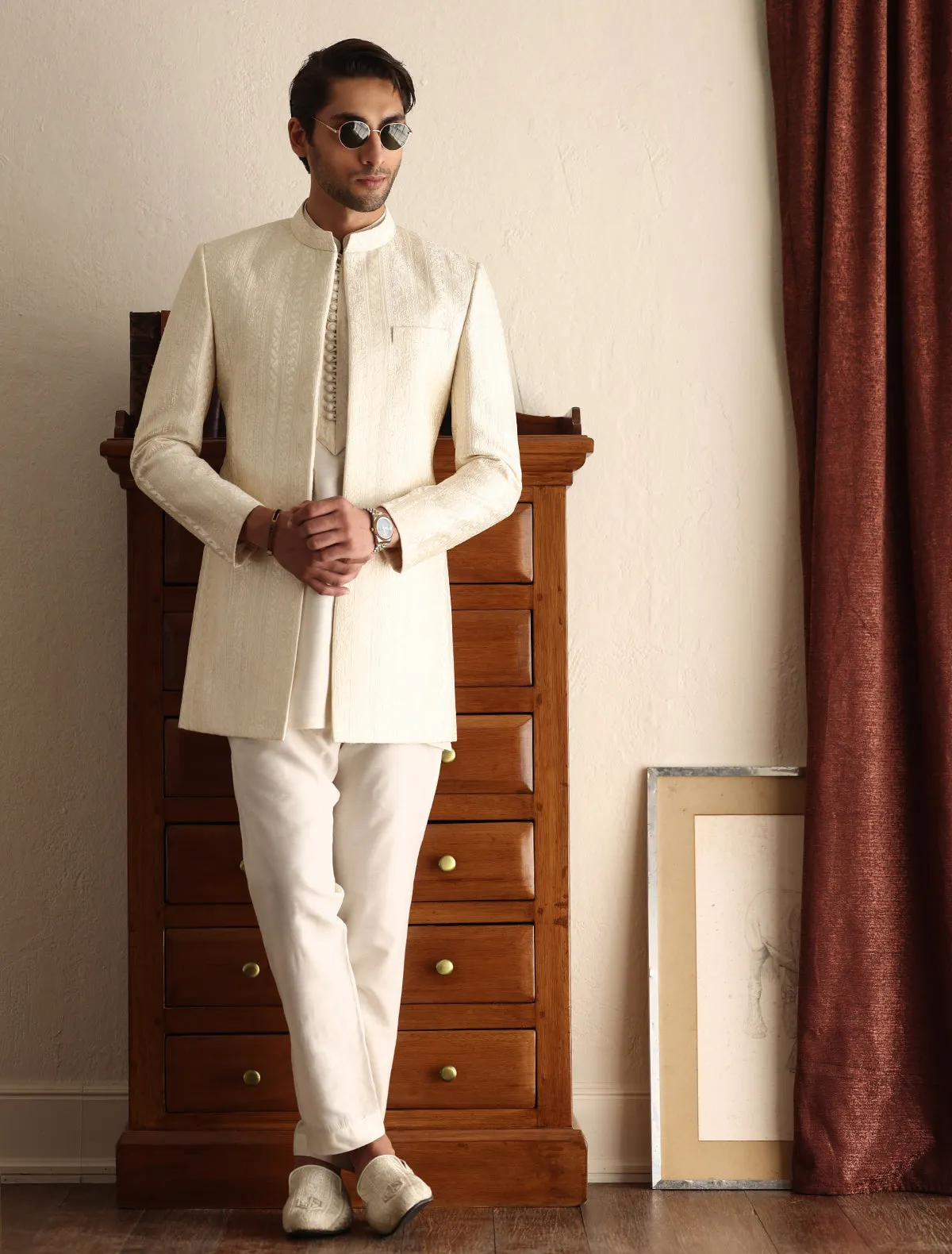 Cream stripped embroidered long prince coat