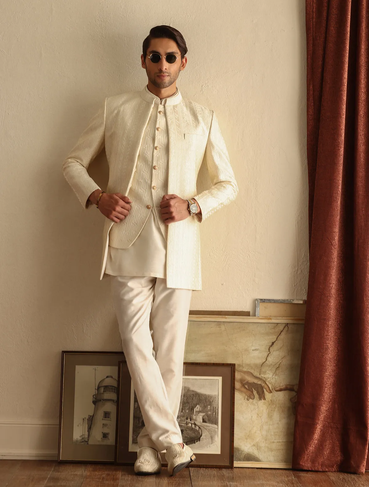 Cream stripped embroidered long prince coat