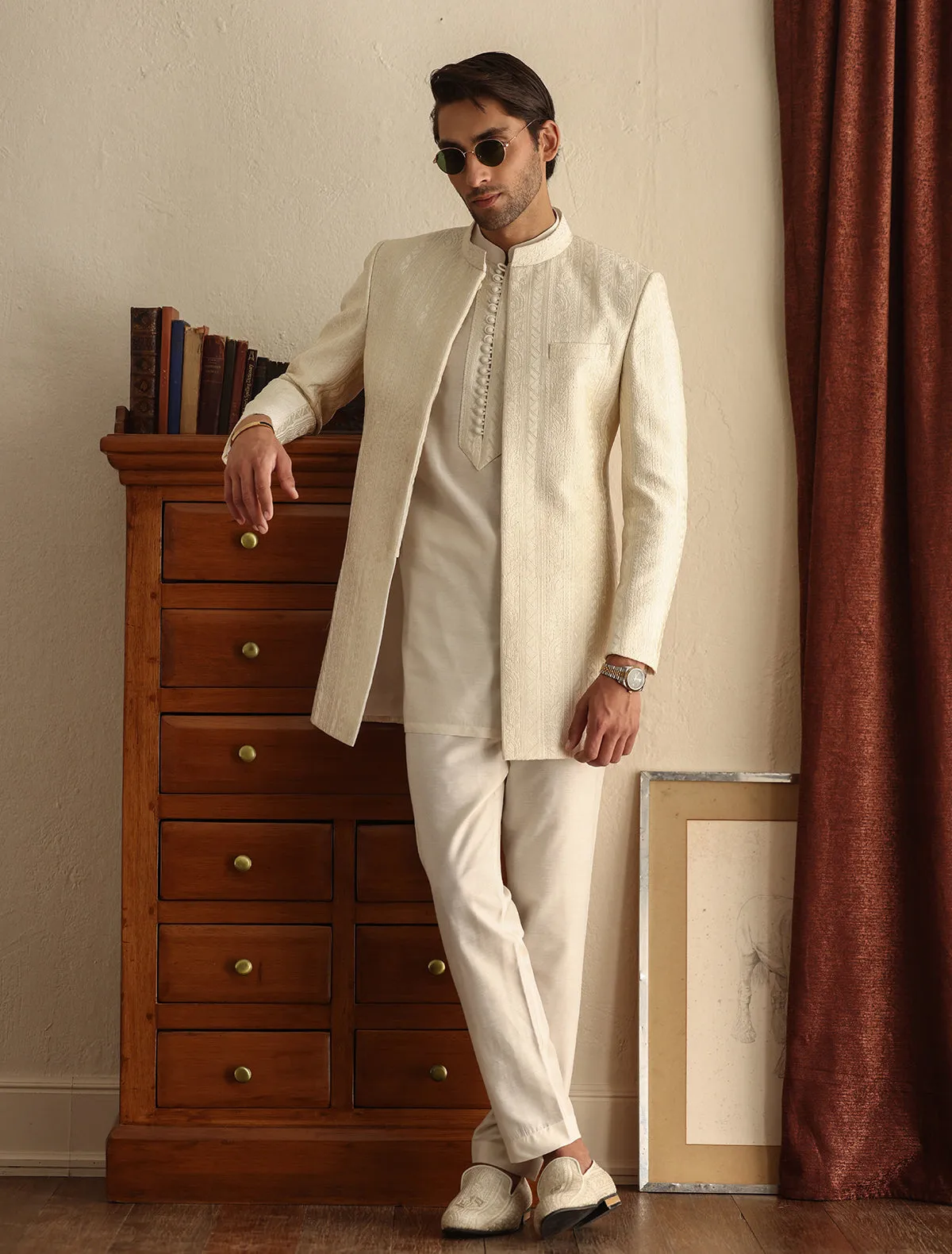 Cream stripped embroidered long prince coat