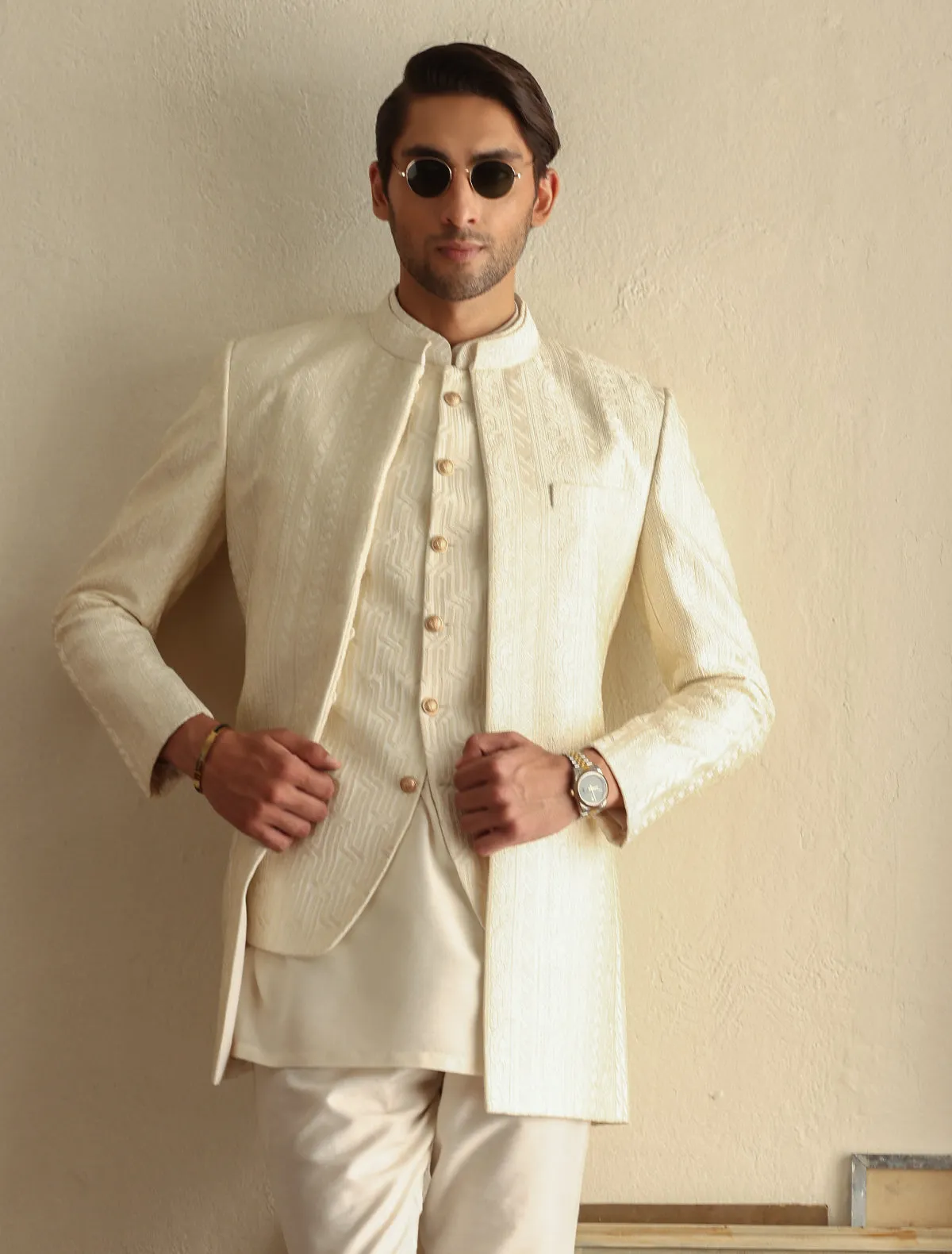 Cream stripped embroidered long prince coat