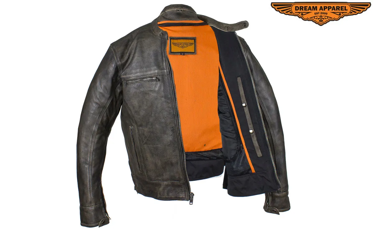 Distressed Brown Racer Jacket with Concealed Carry Pockets