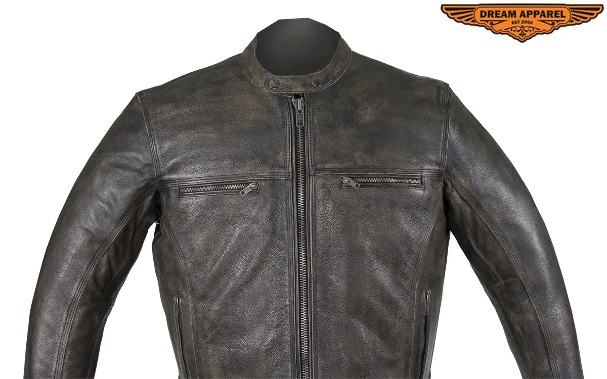 Distressed Brown Racer Jacket with Concealed Carry Pockets