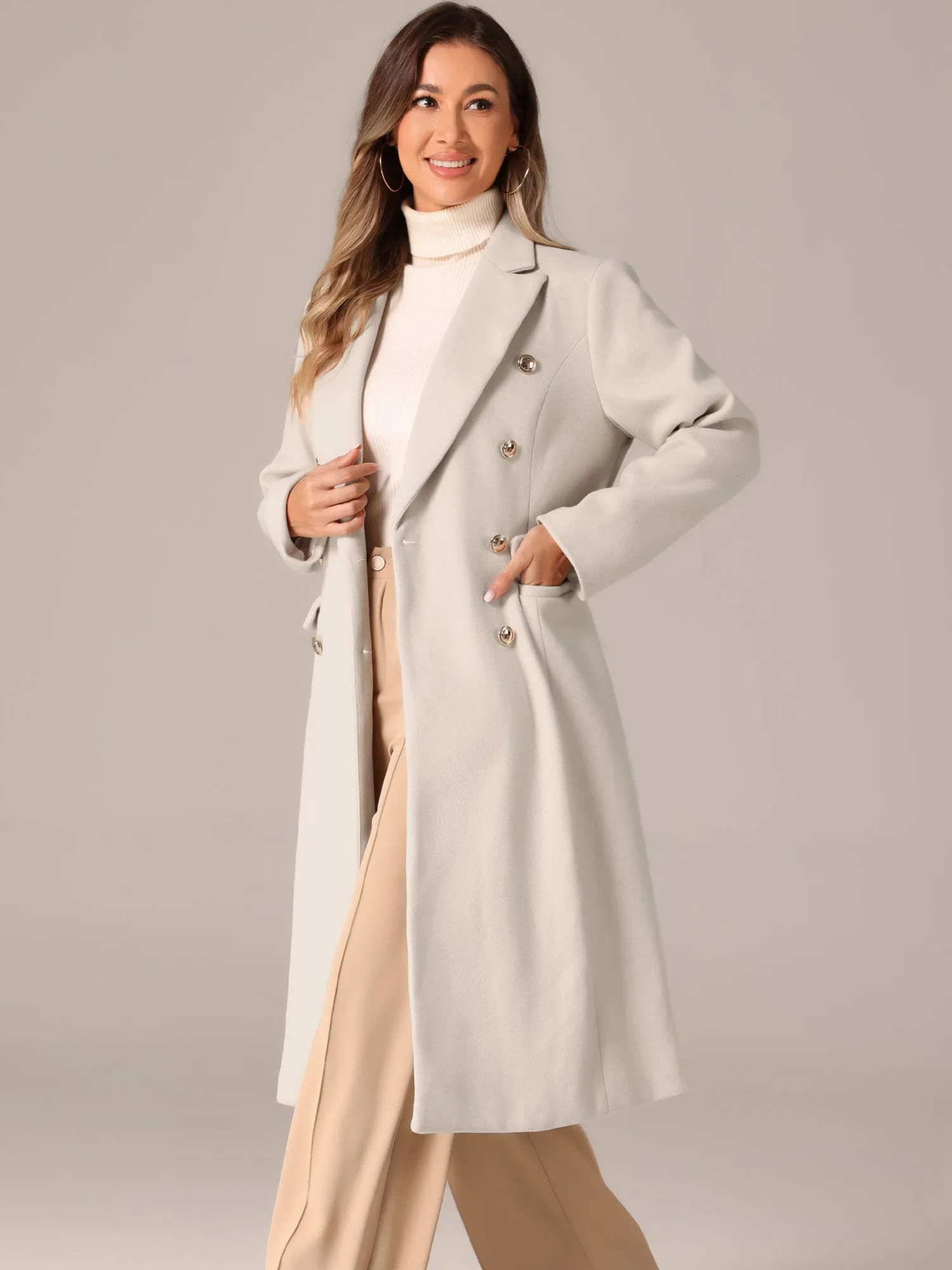 Double Breasted Notched Lapel Collar Long Winter Pea Coat