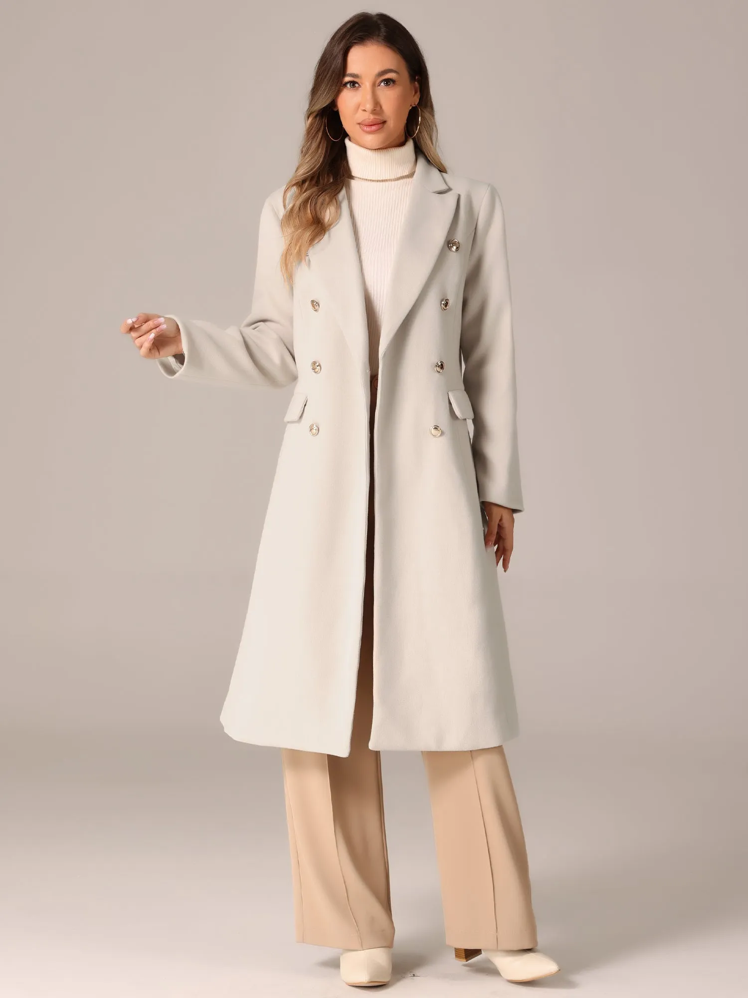 Double Breasted Notched Lapel Collar Long Winter Pea Coat