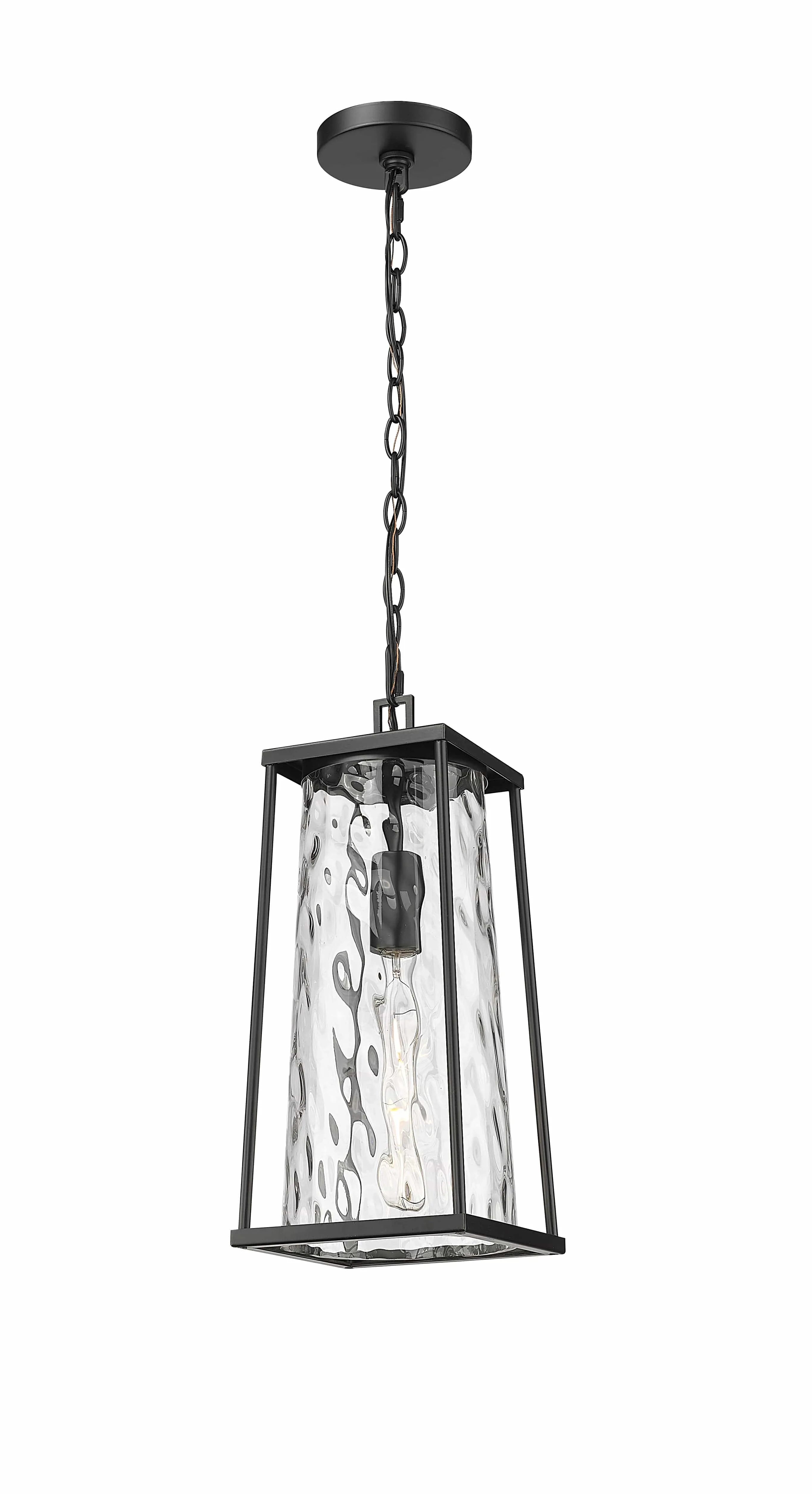 Dutton Outdoor Hanging Lantern - Powder Coated Black - Clear Water Textured Glass - 7.5in. Diameter - E26 Medium Base