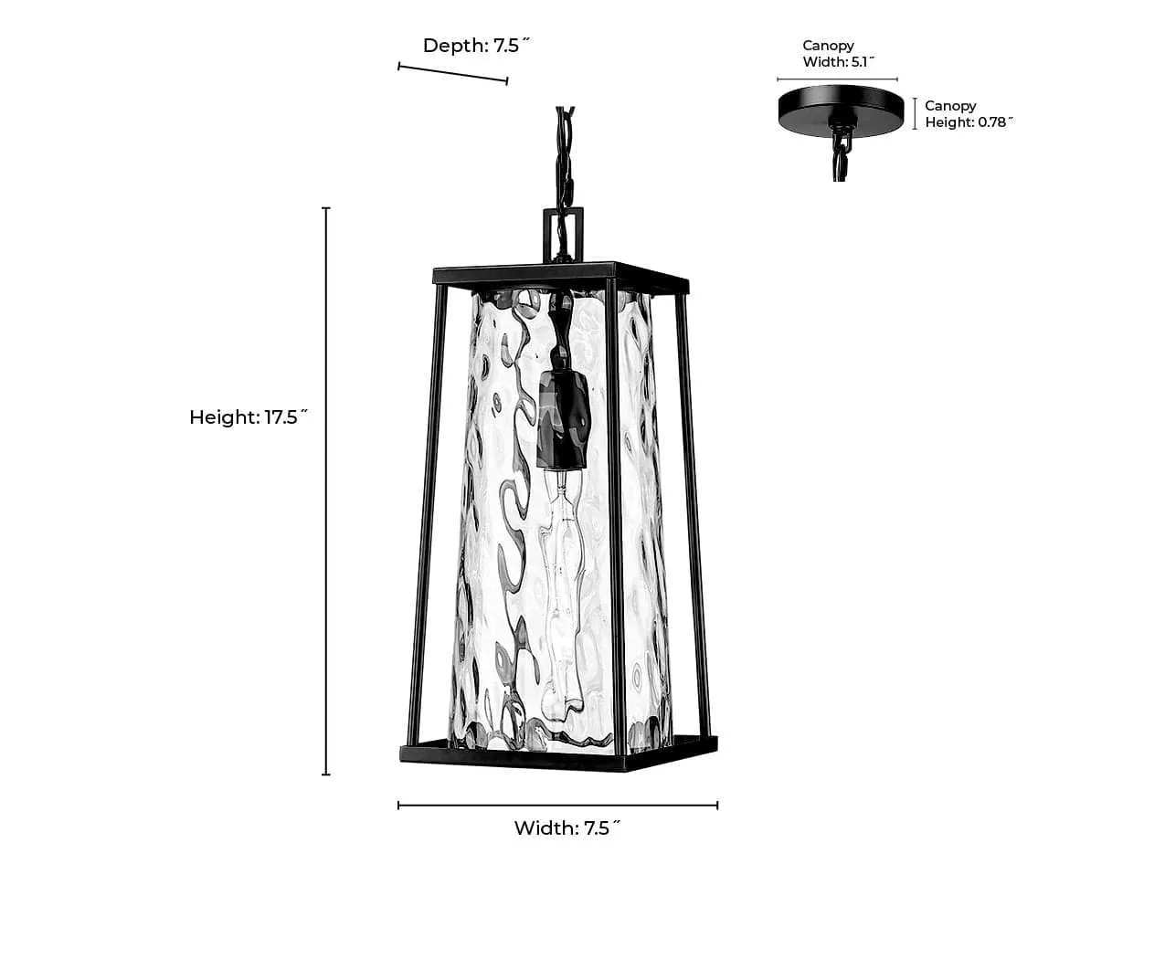 Dutton Outdoor Hanging Lantern - Powder Coated Black - Clear Water Textured Glass - 7.5in. Diameter - E26 Medium Base