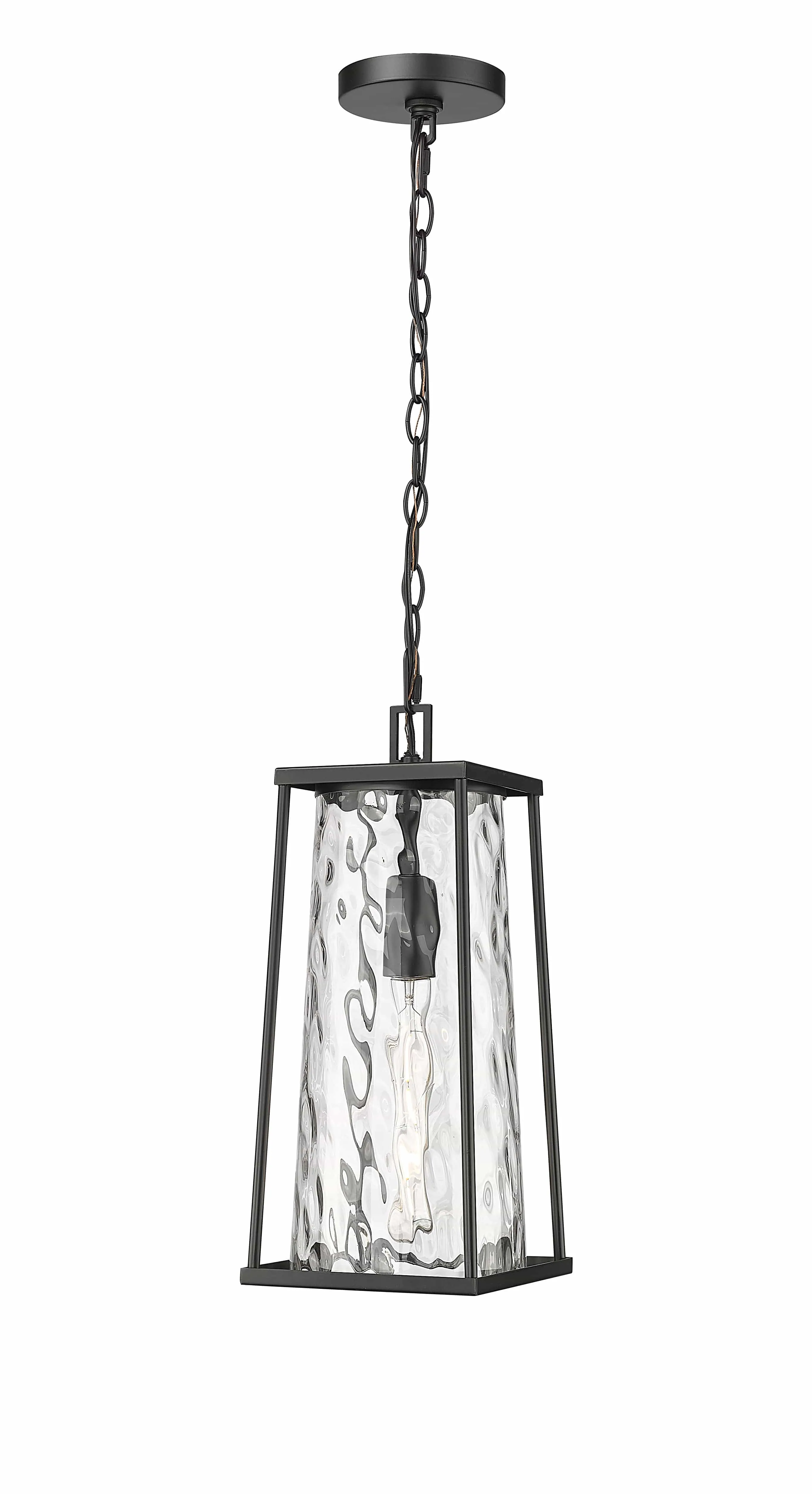 Dutton Outdoor Hanging Lantern - Powder Coated Black - Clear Water Textured Glass - 7.5in. Diameter - E26 Medium Base