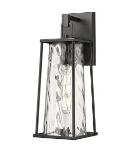 Dutton Outdoor Wall Sconce - Powder Coated Black - Clear Water Textured Glass - 6.75in. Extension - E26 Medium Base