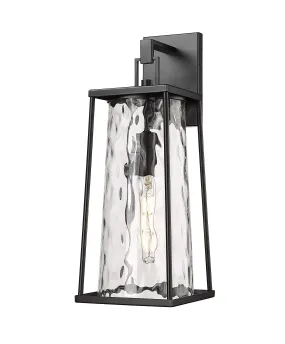 Dutton Outdoor Wall Sconce - Powder Coated Black - Clear Water Textured Glass - 8.5in. Extension - E26 Medium Base