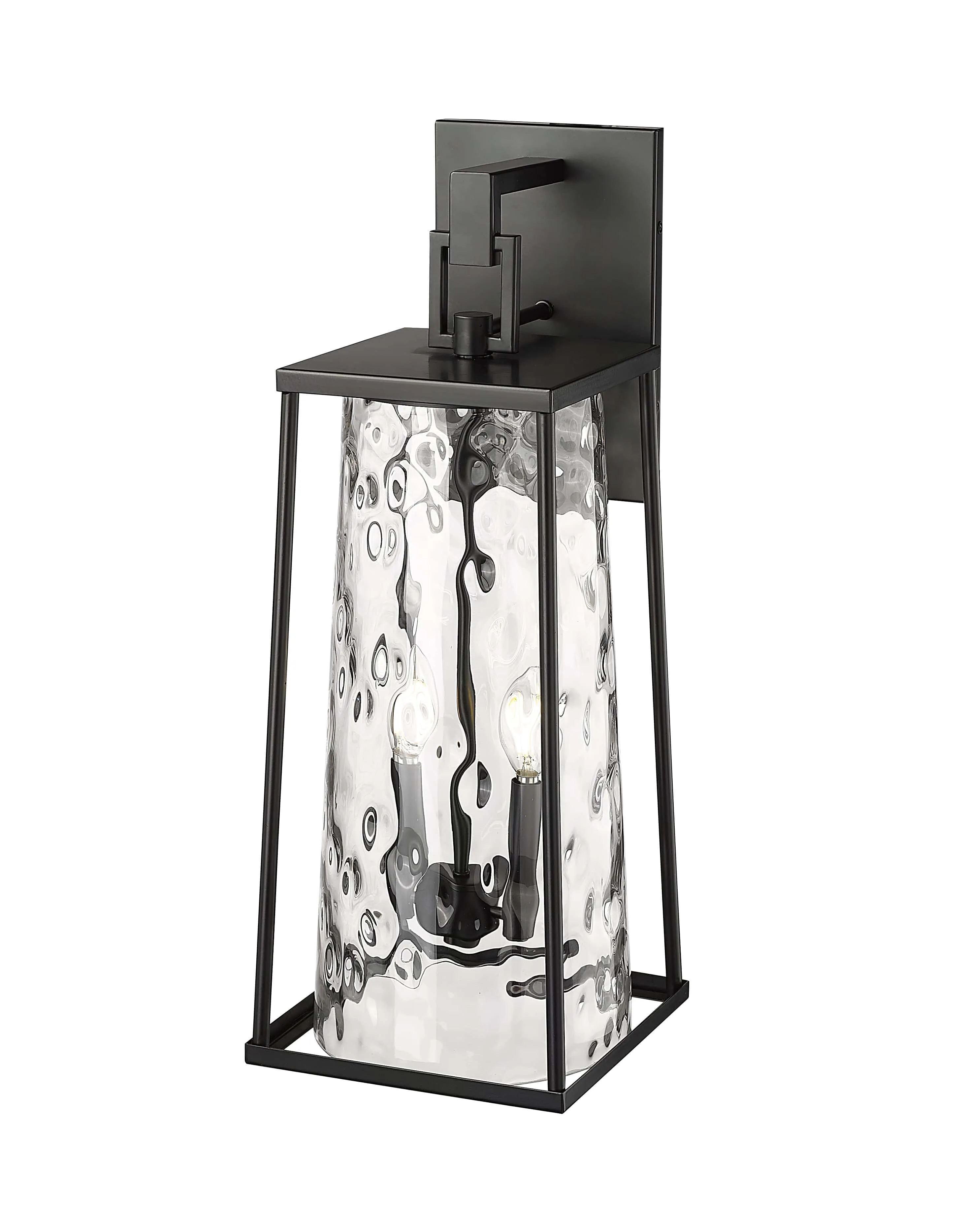 Dutton Outdoor Wall Sconce - Powder Coated Black - Clear Water Textured Glass - 9.75in. Extension - E26 Candelabra Base