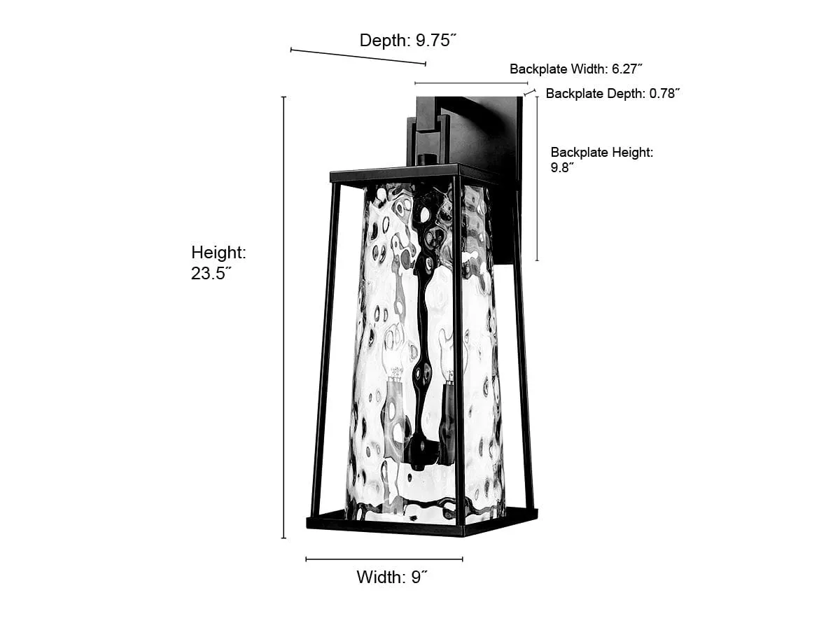 Dutton Outdoor Wall Sconce - Powder Coated Black - Clear Water Textured Glass - 9.75in. Extension - E26 Candelabra Base