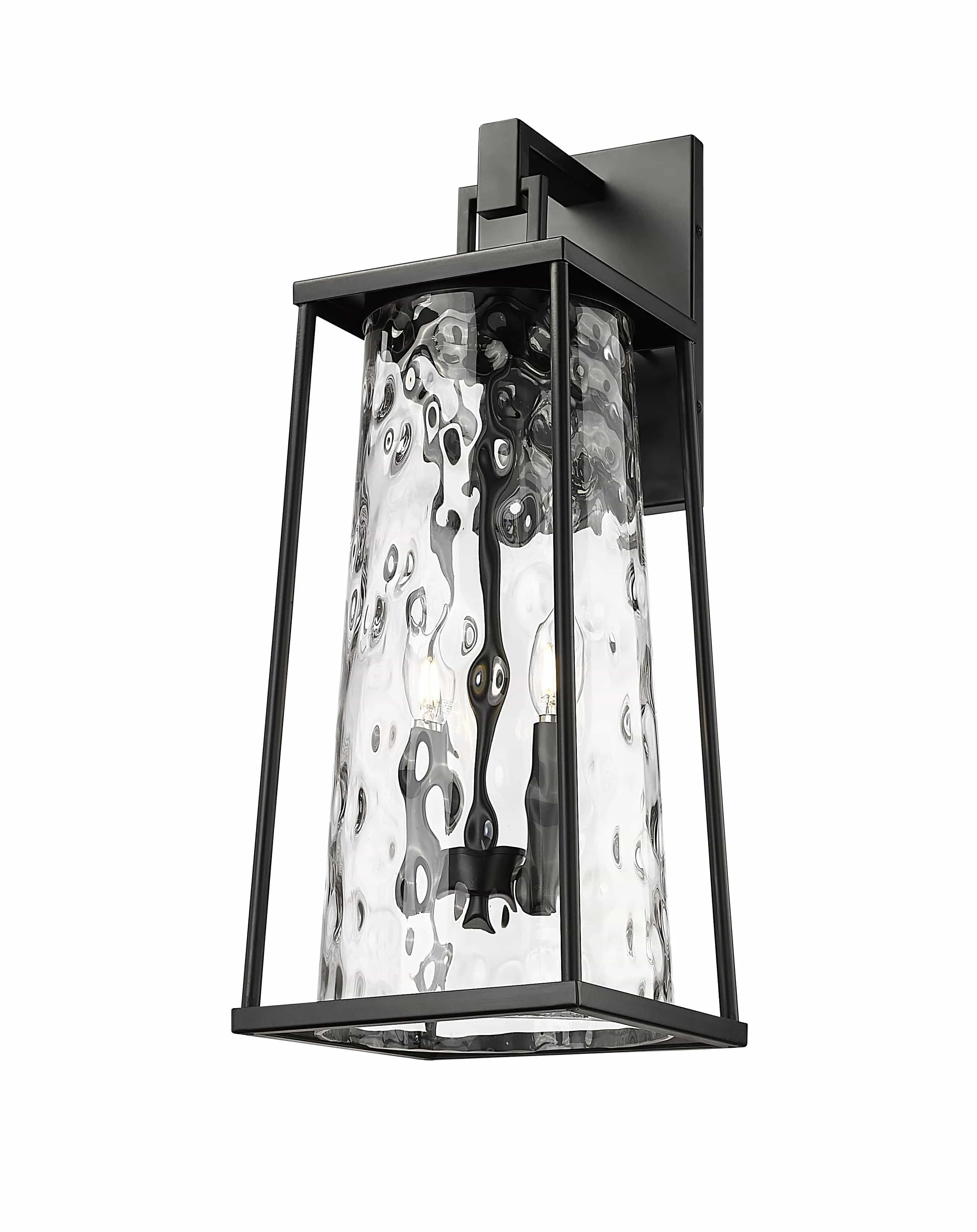 Dutton Outdoor Wall Sconce - Powder Coated Black - Clear Water Textured Glass - 9.75in. Extension - E26 Candelabra Base