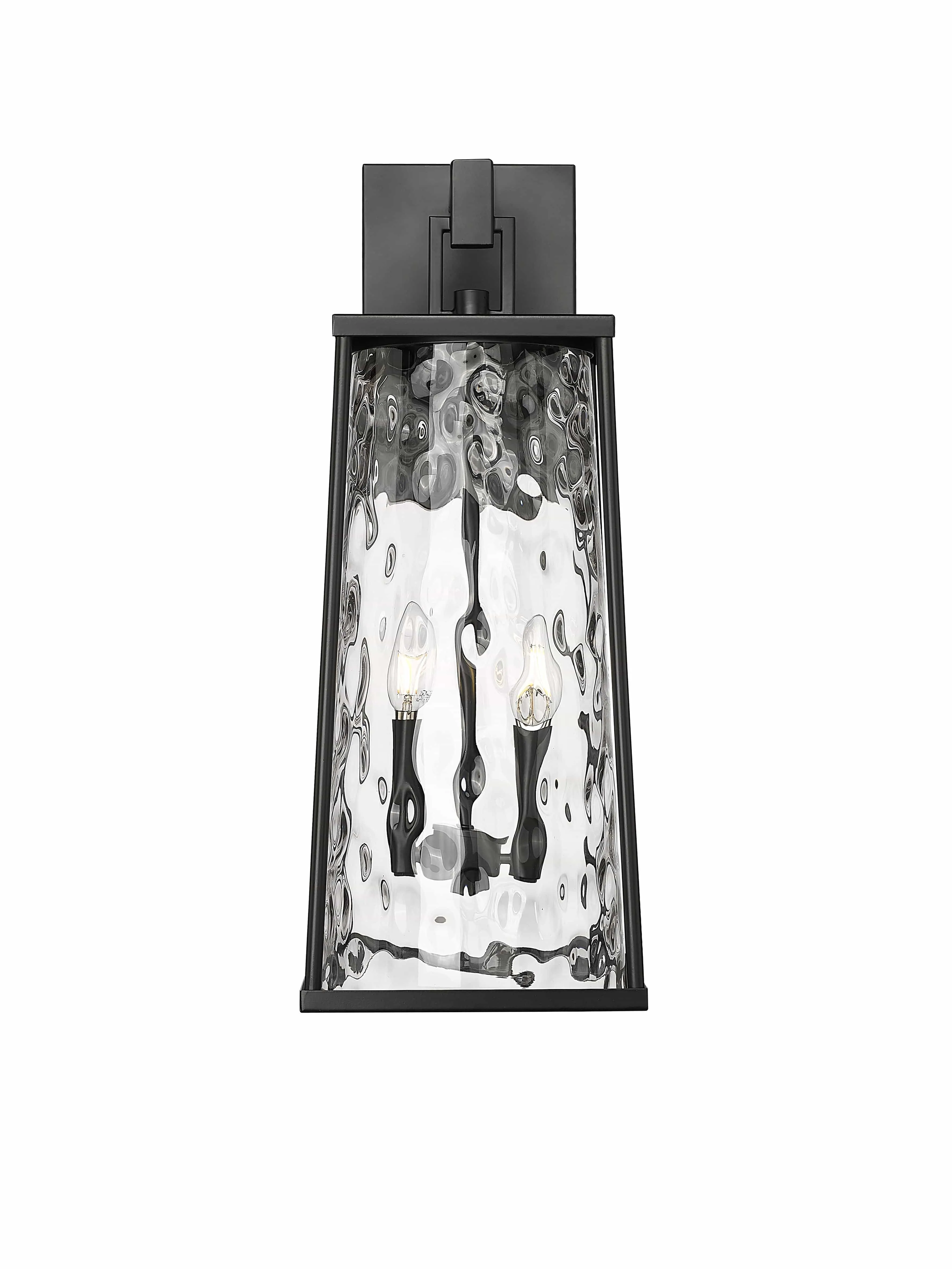 Dutton Outdoor Wall Sconce - Powder Coated Black - Clear Water Textured Glass - 9.75in. Extension - E26 Candelabra Base