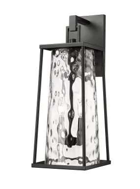 Dutton Outdoor Wall Sconce - Powder Coated Black - Clear Water Textured Glass - 9.75in. Extension - E26 Candelabra Base