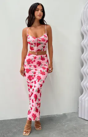 Emz Pink Floral Mesh Midi Skirt