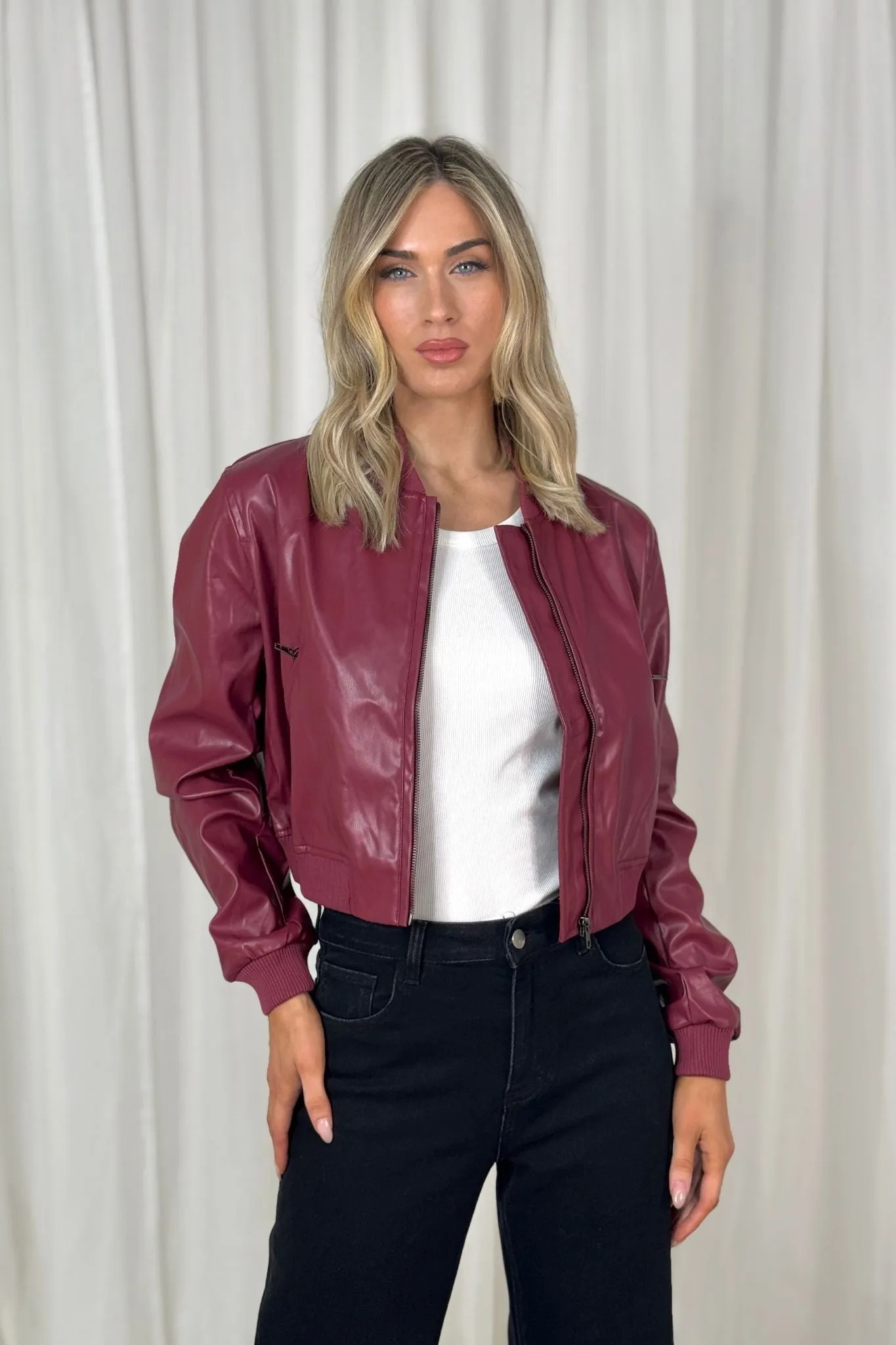 Erica Faux Leather Bomber Jacket In Bordeaux