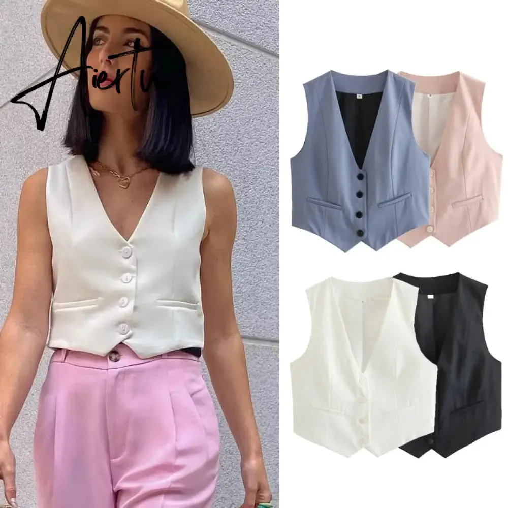 Fashion Single Breasted Sleeveless Cropped Vest Casual V-neck Pocket Short Vests Women Summer Simple Streetwear Coat Tops