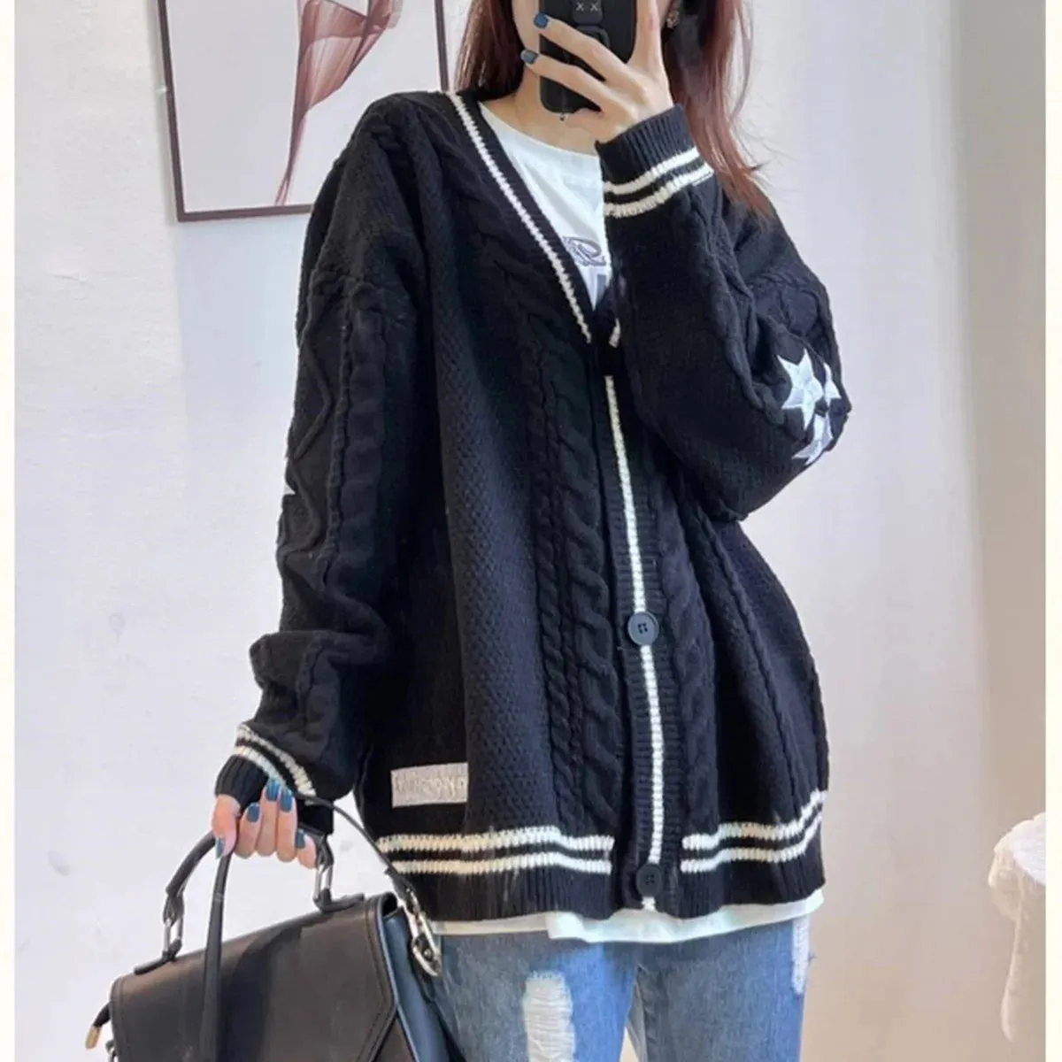 Fashionkova Women Winter Loose Knitted Cardigans Coat Star Embroidery Y2K Sweaters Streetwear Vintage Casual Single Breasted Long Sleeve Top