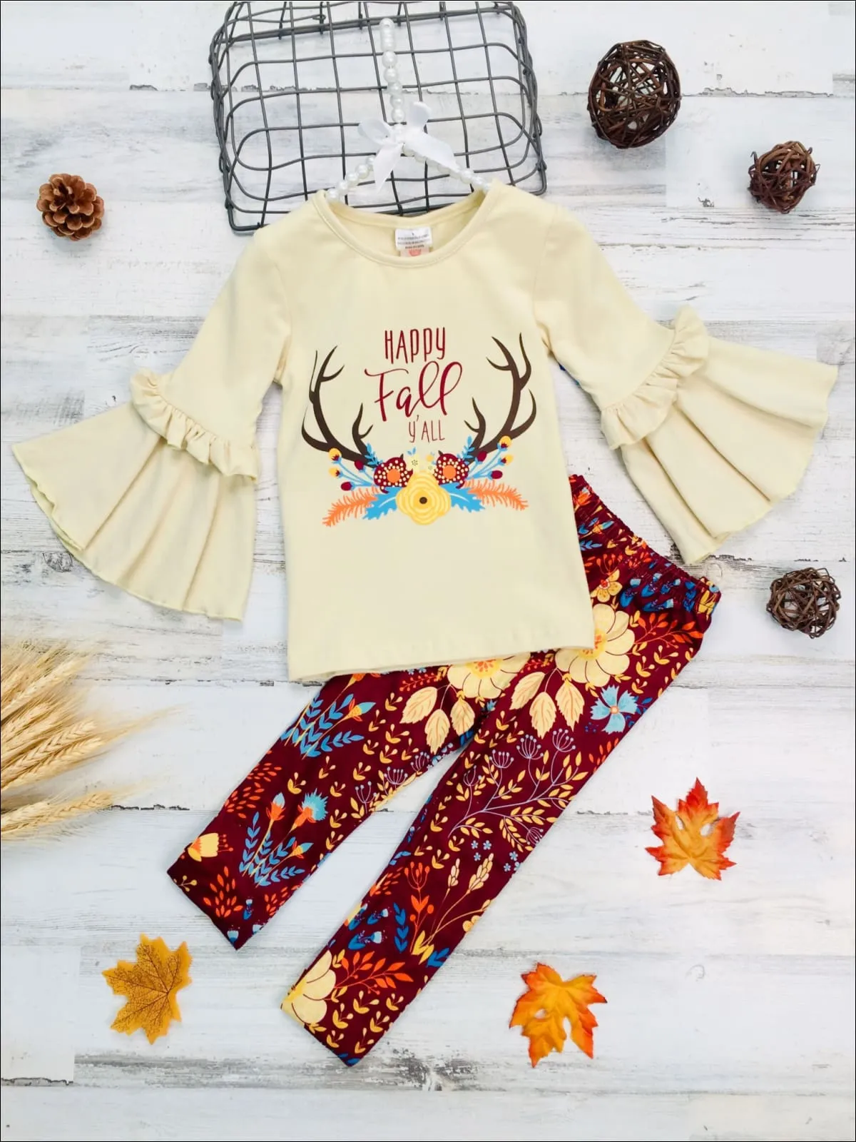 Girls "Happy Fall Ya'll" Floral Reindeer Print Bell Sleeve Top And Floral Legging Set