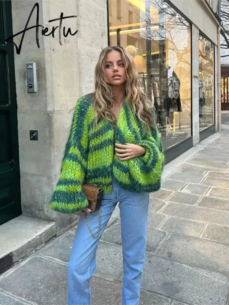 Green Stripe Crochet Knitted Cardigan Sweater Women's Lantern Sleeve Oversize Cardigan Coat Autumn Fashion Lady Streetwear