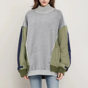 Hit Color Patchwork Pockets Casual Sweatshirts For Women Stand Collar Long Sleeve Minimalist Pullover Sweatshirt Female