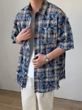 Hnzxzm Harajuku Plaid Shirts Coat Men Oversize Short Sleeve Men's Checkered Cardigan Blouses Male Japanese Streetwear Hip Hop