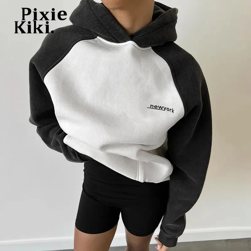 Hooded Sweatshirts Letter Print Black and White Patchwork Casual Loose Pullovers Women Long Sleeve Tees P67-DZ49