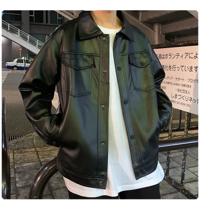 Hybskr Black Soft Faux Leather Motorcycle Jacket Solid Color Mens Hip Hop Coat Male Oversize Streetwear Fashion Mens Clothing