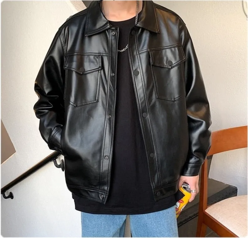 Hybskr Black Soft Faux Leather Motorcycle Jacket Solid Color Mens Hip Hop Coat Male Oversize Streetwear Fashion Mens Clothing