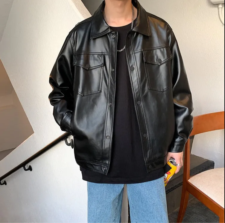 Hybskr Black Soft Faux Leather Motorcycle Jacket Solid Color Mens Hip Hop Coat Male Oversize Streetwear Fashion Mens Clothing