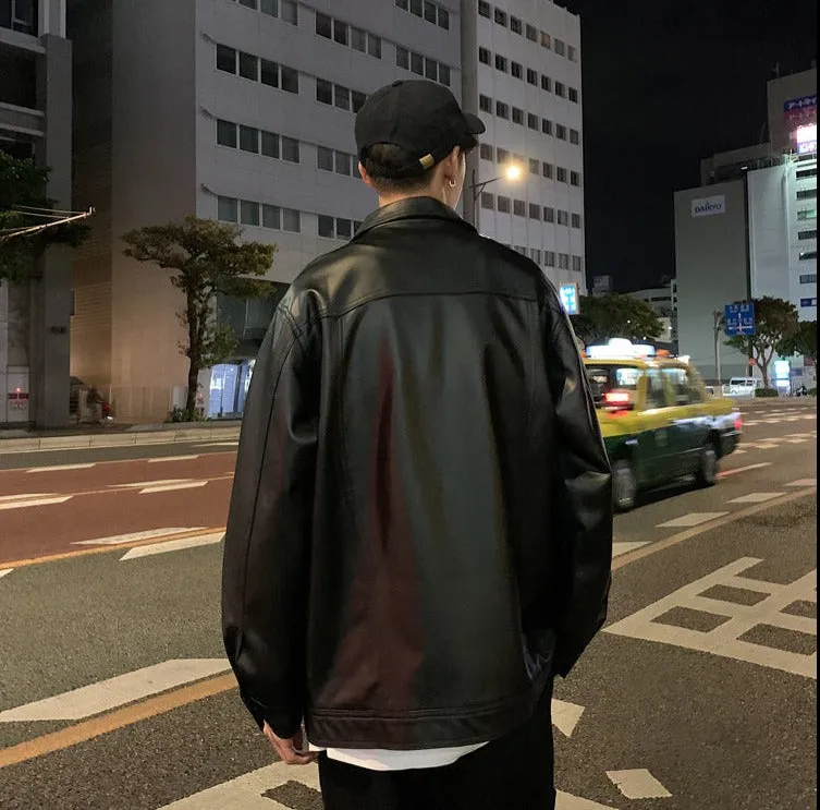 Hybskr Black Soft Faux Leather Motorcycle Jacket Solid Color Mens Hip Hop Coat Male Oversize Streetwear Fashion Mens Clothing