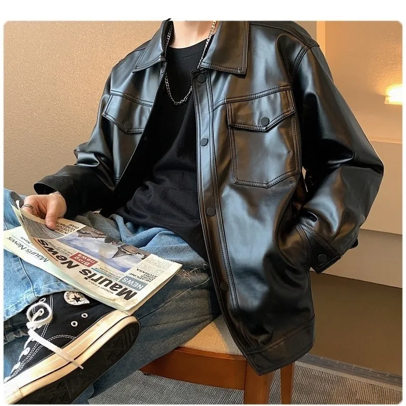 Hybskr Black Soft Faux Leather Motorcycle Jacket Solid Color Mens Hip Hop Coat Male Oversize Streetwear Fashion Mens Clothing