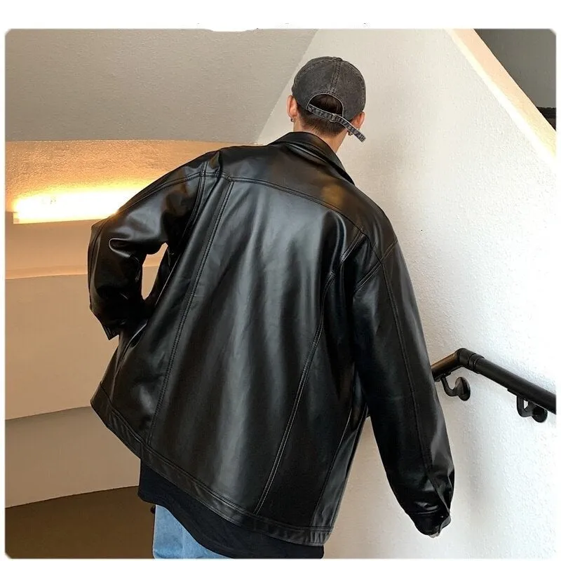 Hybskr Black Soft Faux Leather Motorcycle Jacket Solid Color Mens Hip Hop Coat Male Oversize Streetwear Fashion Mens Clothing