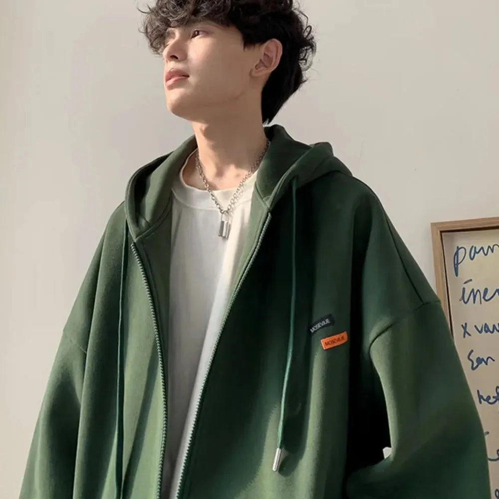 Ilooove Cotton Y2K Men's Streetwear Oversized Zip Up Hoodies Men Green Hooded Coat Sweatshirts Spring Loose Korean Men Hip Hop