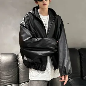 Ilooove Oversized Vintage Loose Pu Leather Puff Sleeves Short Jacket Men Women Streetwear Male Zipper Retro Moto Biker Coat Outwear